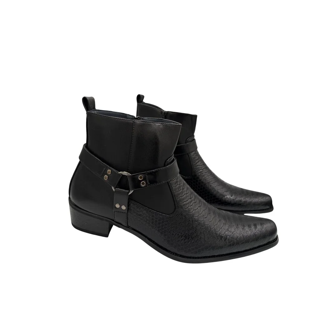 Alberto Fellini Men Black Snakeskin Texture Harness Ankle Boots Side Zip Size 13